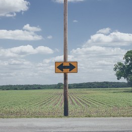 Ein gelbes Schild mit zwei schwarzen Pfeilen, die nach rechts und links zeigen, an einen Pfosten montiert, im Hintergrund sind man ein grünes Feld