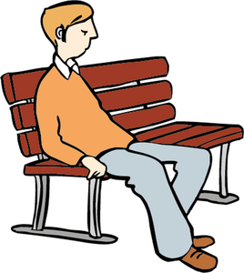 Ein blonder Mann sitzt völlig erschöpft auf einer braunen Bank und schaut zu Boden
