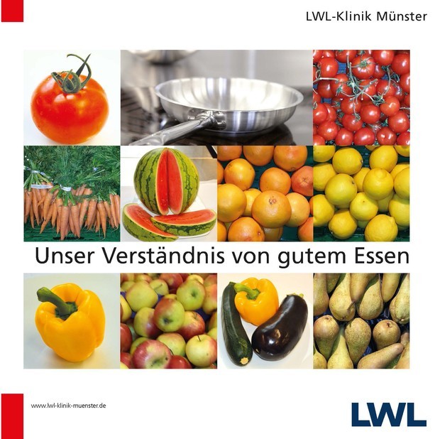Titelblatt Küchenflyer, gezeigt werden verschiedene Gemüse- und Obstsorten (Tomaten, Birnen, Paprika, Äpfel) sowie auch eine Bratpfanne
