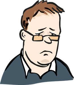 Ein Mann mit braunen Haaren, einer Brille und einem grauen Oberteil schaut ganz traurig und ist Nahaufnahme zu sehen